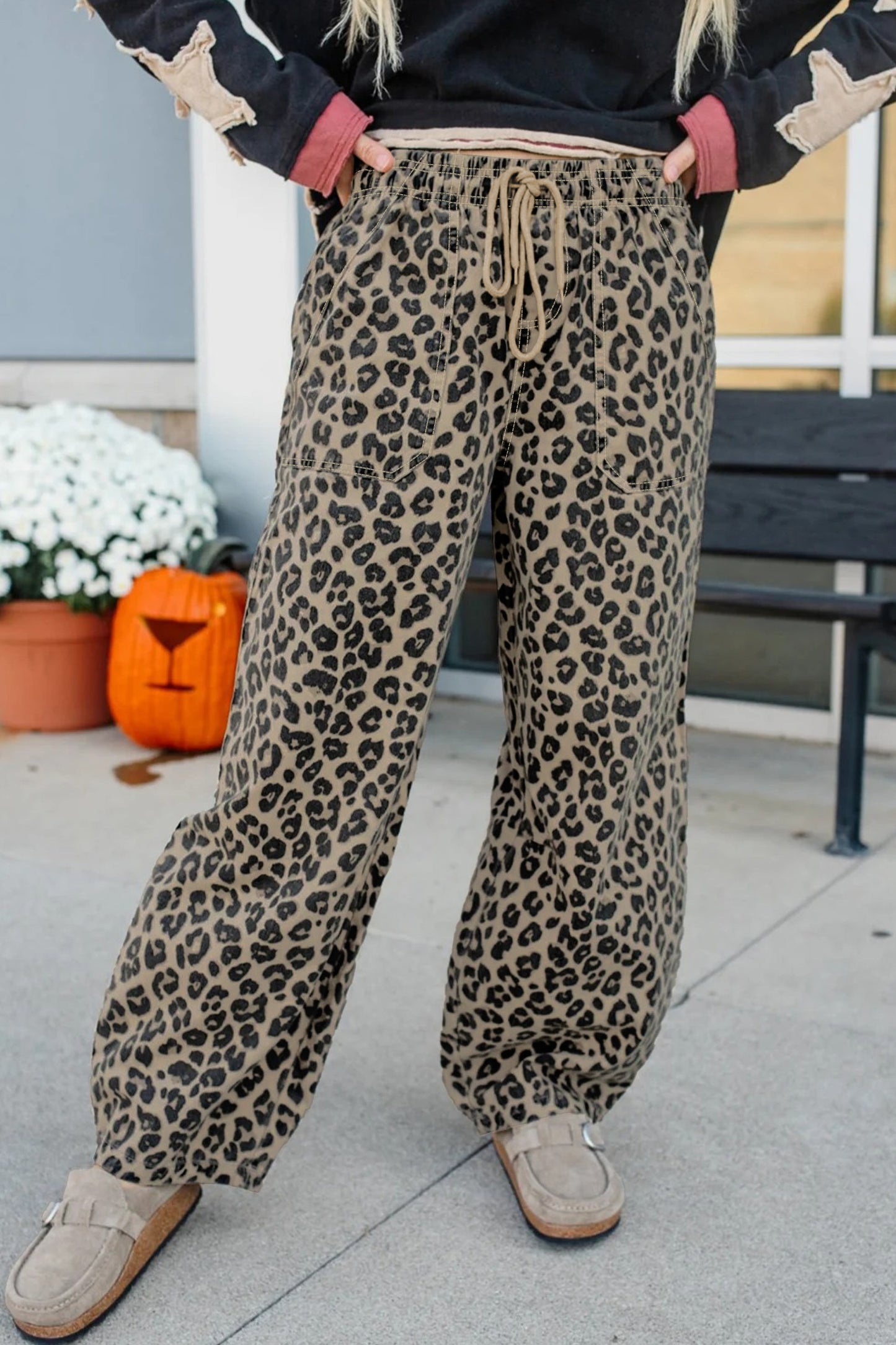 Khaki Leopard Print Drawstring Elastic Waist Loose Denim Pants