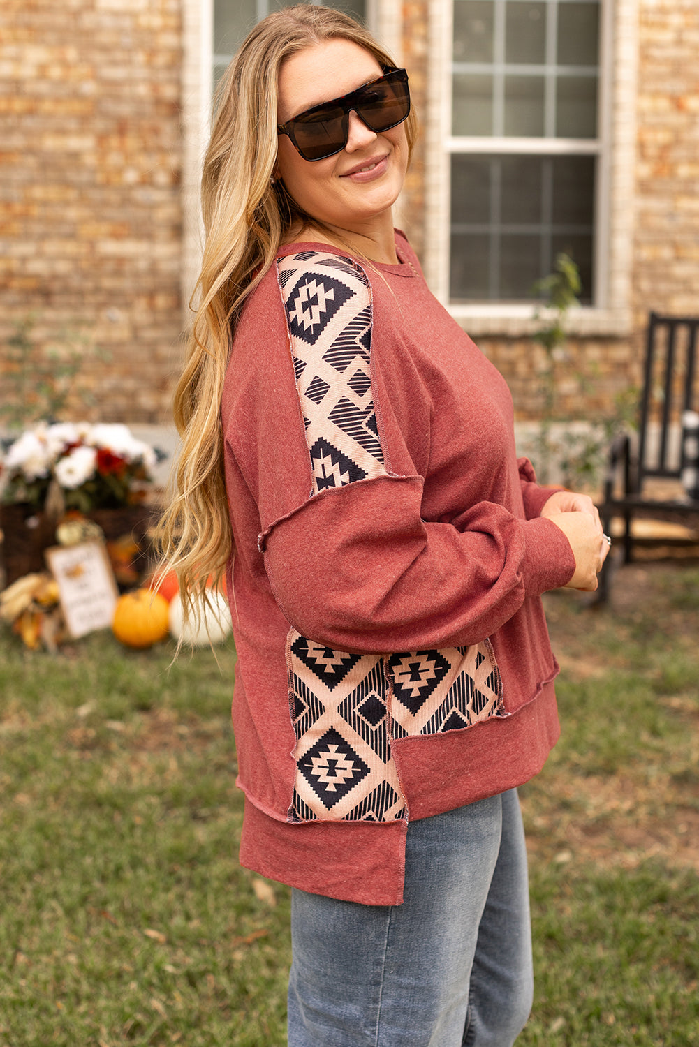 Redwood Burl Aztec Patchwork Drop Shoulder High Low Sweatshirt