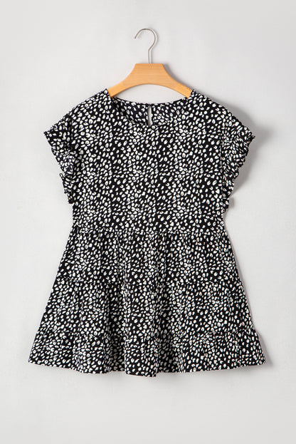 Black Leopard Print Ruffled Short Sleeve Keyhole Back Tiered Flowy Blouse