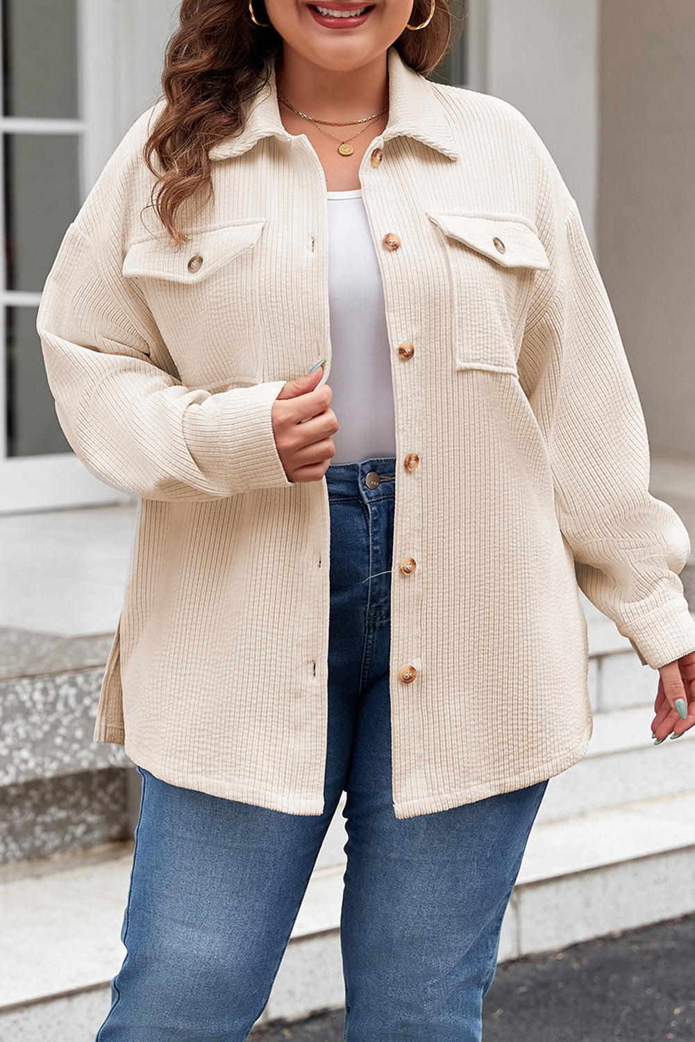 Oatmeal Textured Flap Pockets Buttoned Shacket