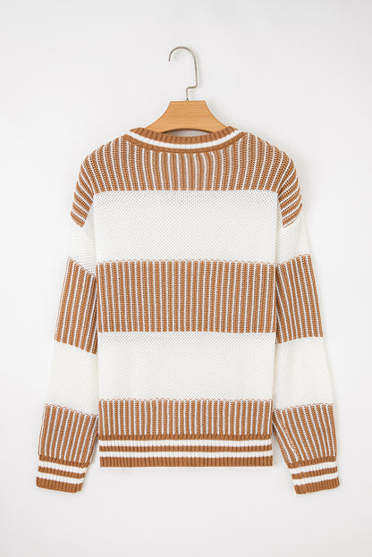 Two Tone Striped Patchwork Drop Shoulder Loose Sweater (Other Colors)