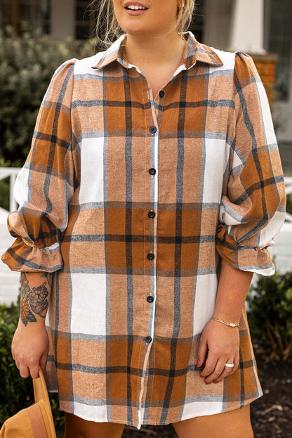 Khaki Plaid Flounce Sleeve Button up Shirt Dress