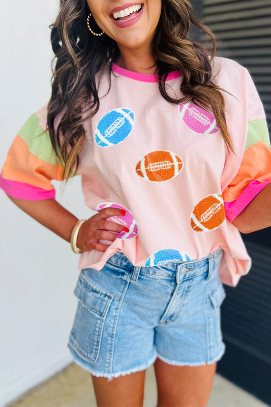 Pink Rugby Chenille Embroidered Color Block Half Sleeve T Shirt (Extended Sizes)