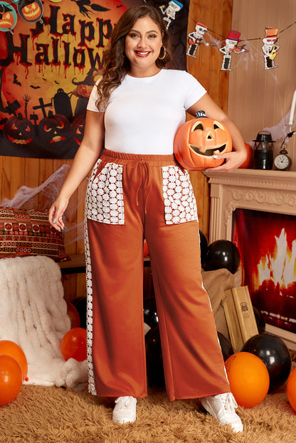 Gold Flame Floral Crochet Patch Drawstring Wide Leg Pants