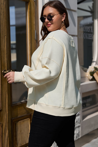 White Solid Color Waffle Knit Drop Shoulder Sweatshirt