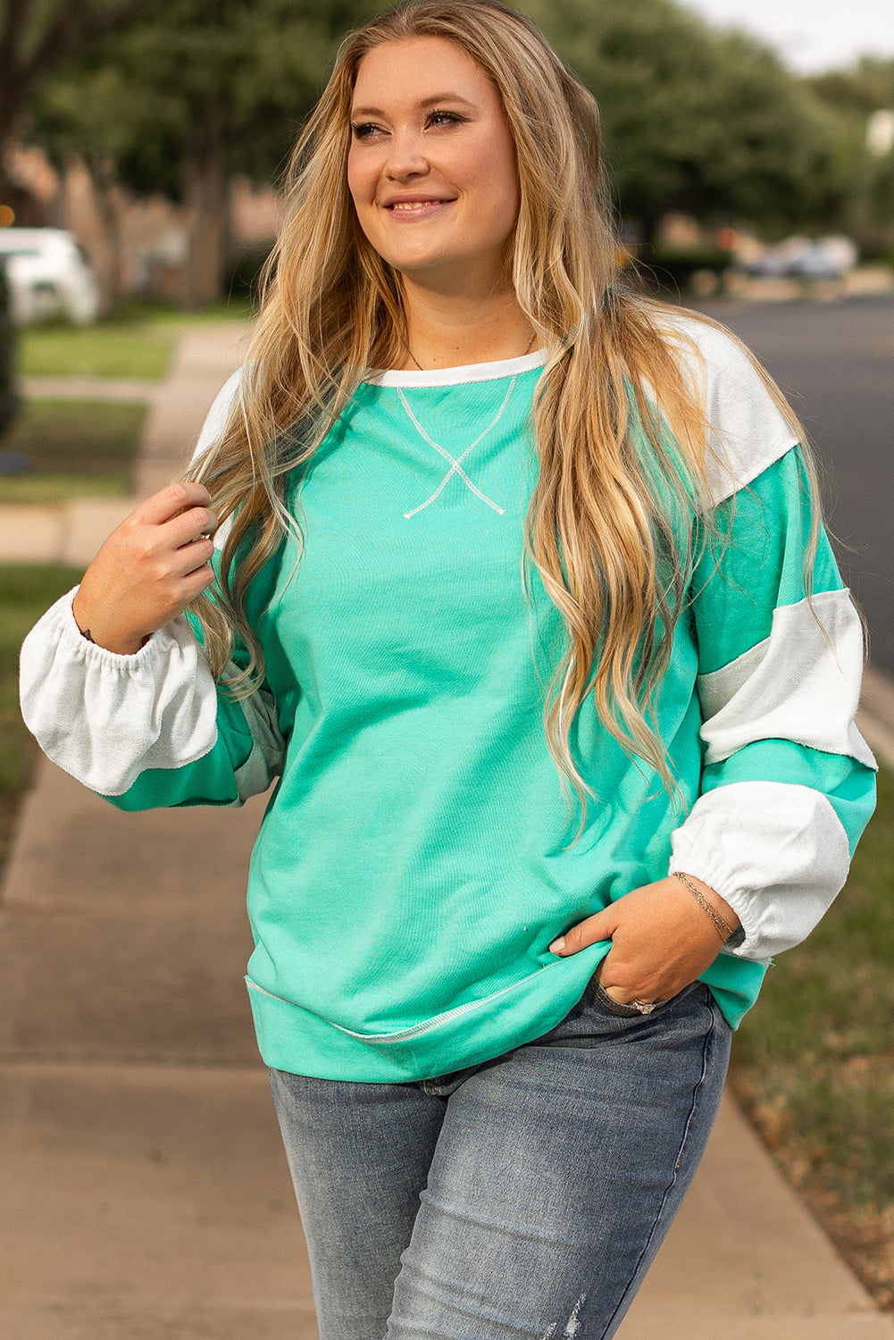 Aruba Blue Colorblock Patchwork Cross Seam Sweatshirt