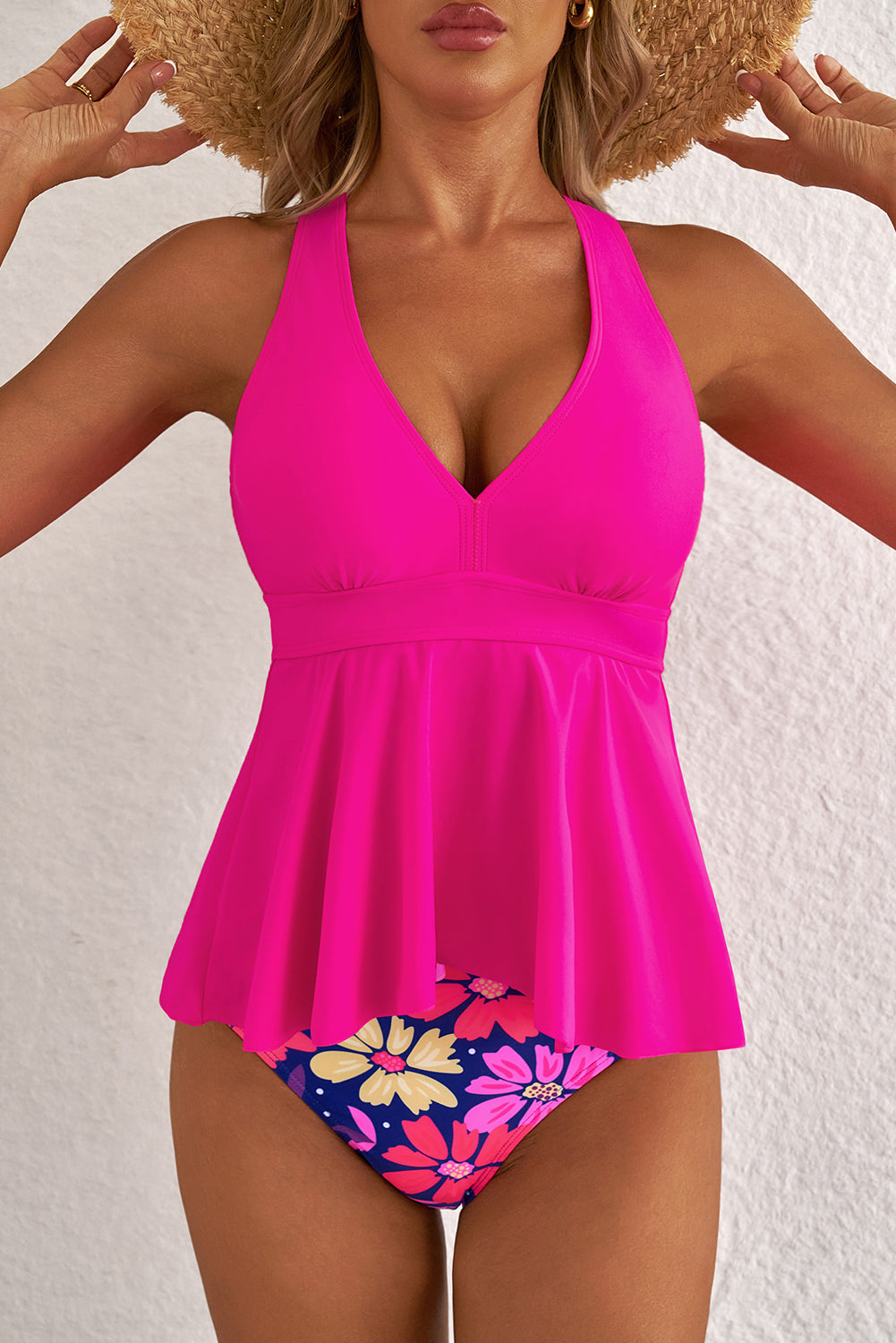 Rose V Neck Ruffled Hem Floral Bottom Tankini Set (Extended Sizes)