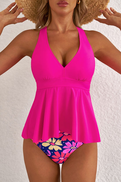 Rose V Neck Ruffled Hem Floral Bottom Tankini Set (Extended Sizes)