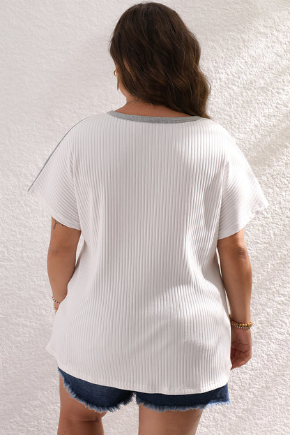 White Colorblock Patchwork Batwing Sleeve Ribbed T Shirt