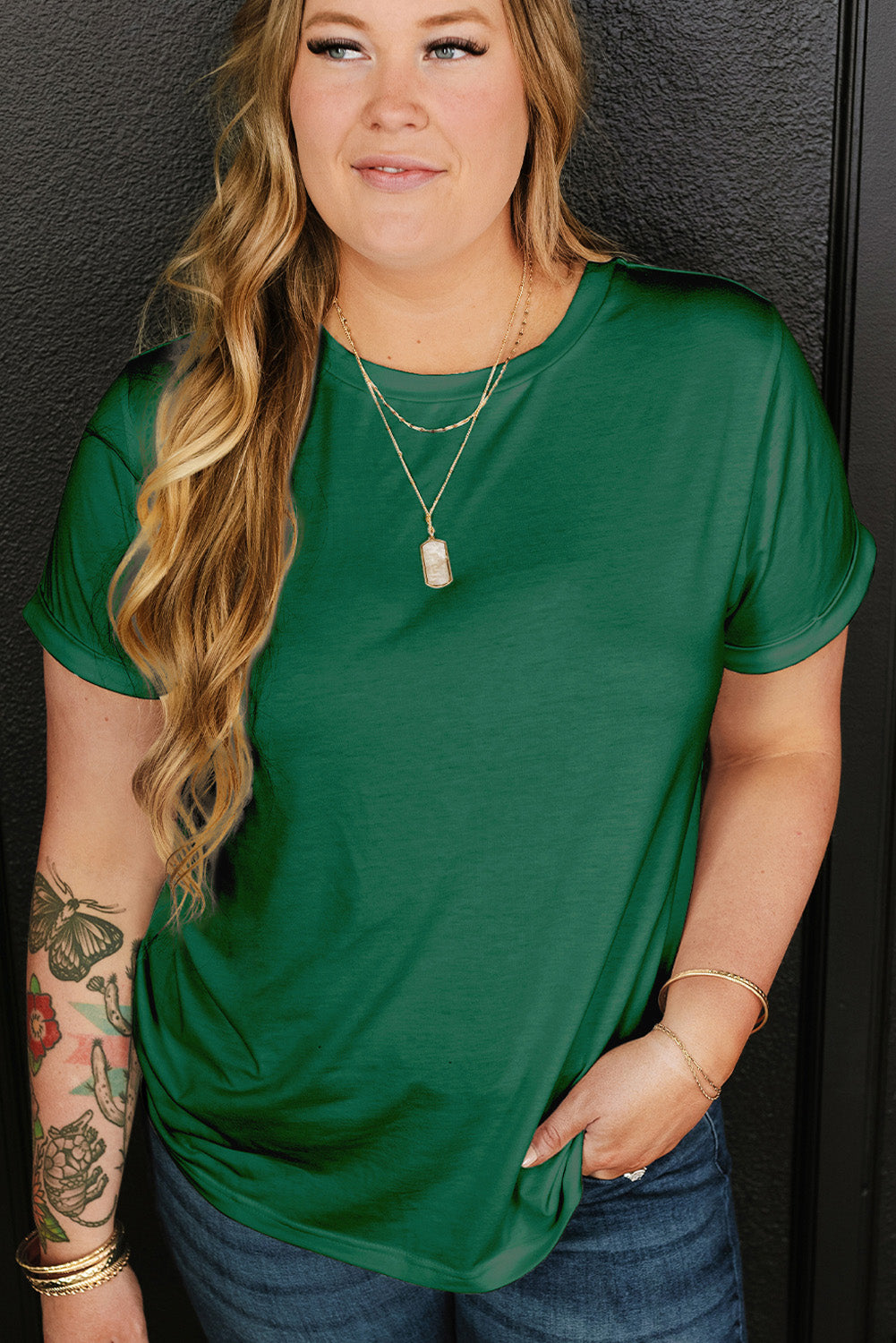 Dark Green Round Neck Rolled Sleeve T-shirt