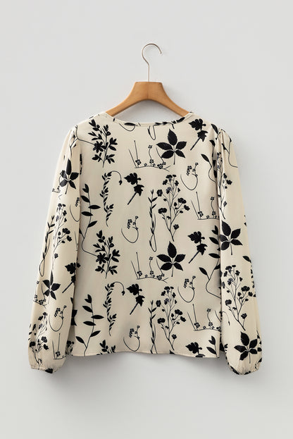 Botanical Floral Print Split Neck Long Sleeve Blouse