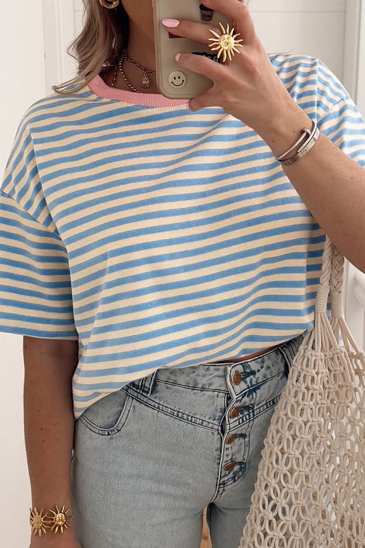 Stripe Contrast Crew Neck Drop Shoulder Loose Tee (Other Colors)