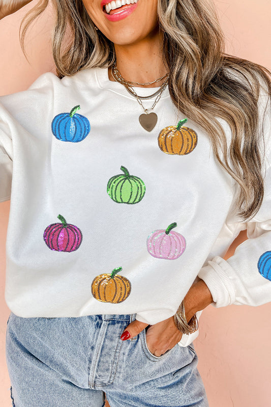 White Colorful Pumpkin Sequin Patched Drop Shoulder Sweatshirt (Extended Sizes)