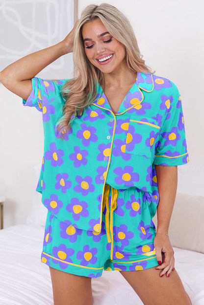 Green Flower Print Short Sleeve Shirt Pajamas Set (Extended Sizes)
