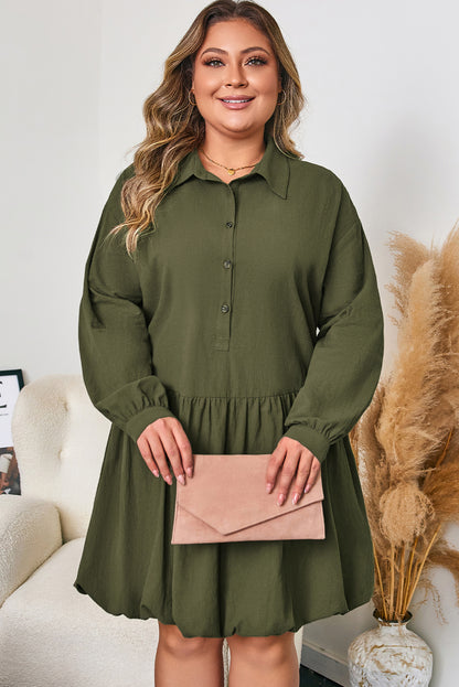 Four Leaf Clover Collar Half Button Long Sleeve Ruffle Hem Mini Dress