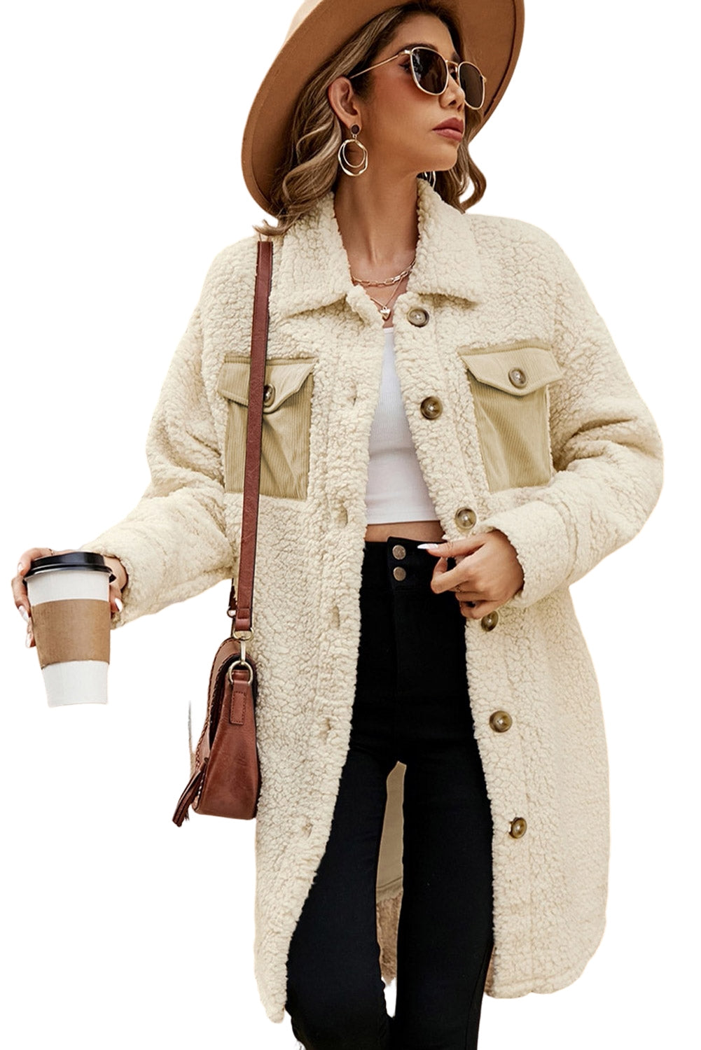 Beige Contrast Flap Pocket Single Breasted Teddy Coat (Extended Sizes)