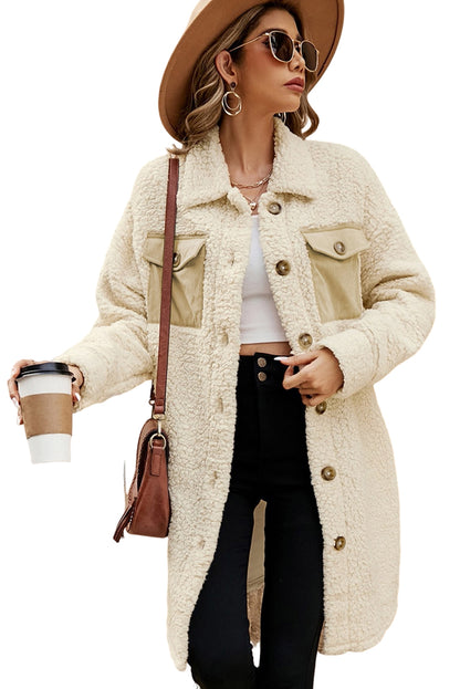 Beige Contrast Flap Pocket Single Breasted Teddy Coat (Extended Sizes)