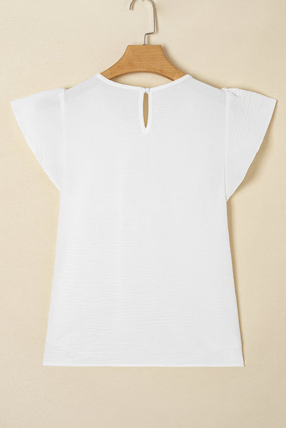 White Flounce Sleeve Pleated Textured Blouse (Extended Sizes)