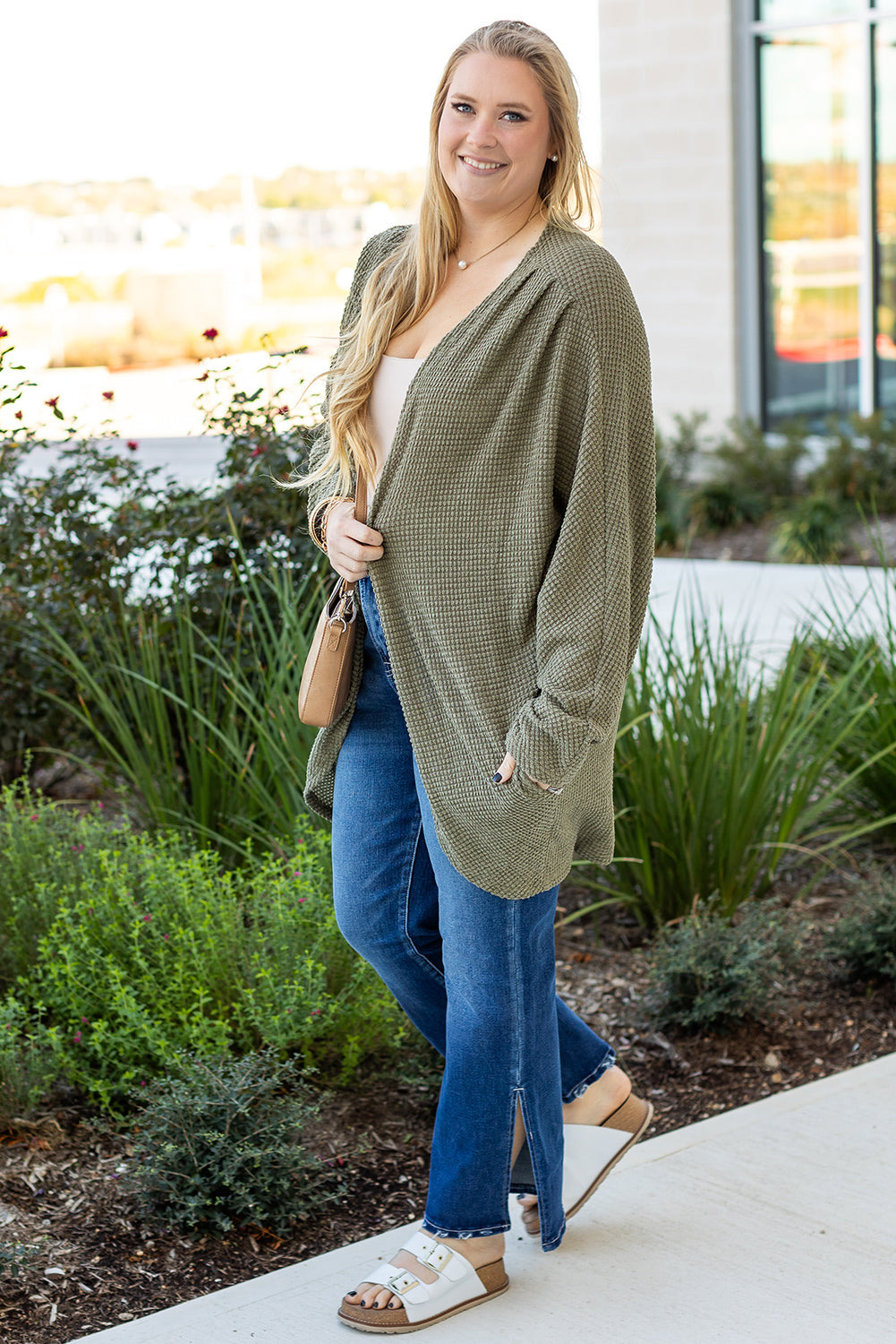 Seagrass Waffle Knit Drop Shoulder Open Front Pocketed Cardigan