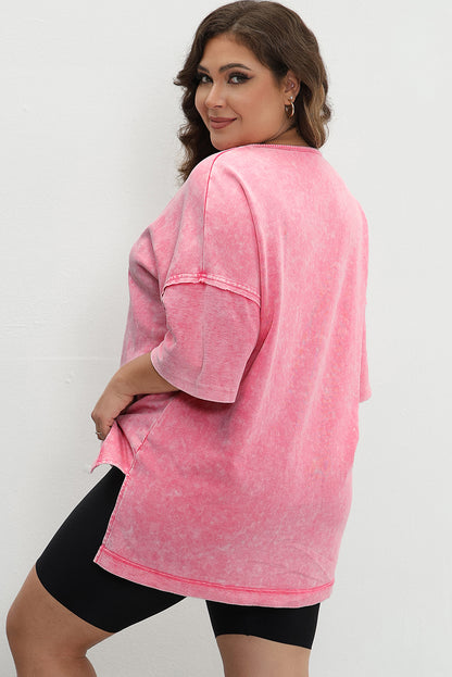 Strawberry Pink Mineral Wash Drop Sleeve Patchwork Tee