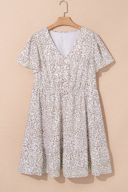 White Floral V Neck Ruffled Short Sleeve Dress