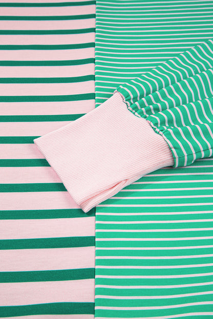 Green Stripe Color Block Exposed Seam Side Slit Sweatshirt