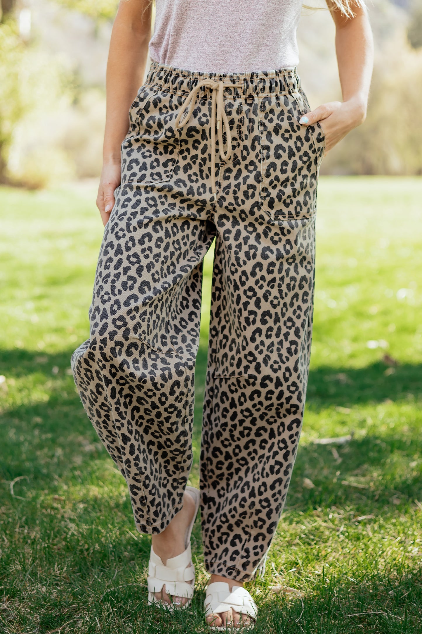Khaki Leopard Print Drawstring Elastic Waist Loose Denim Pants
