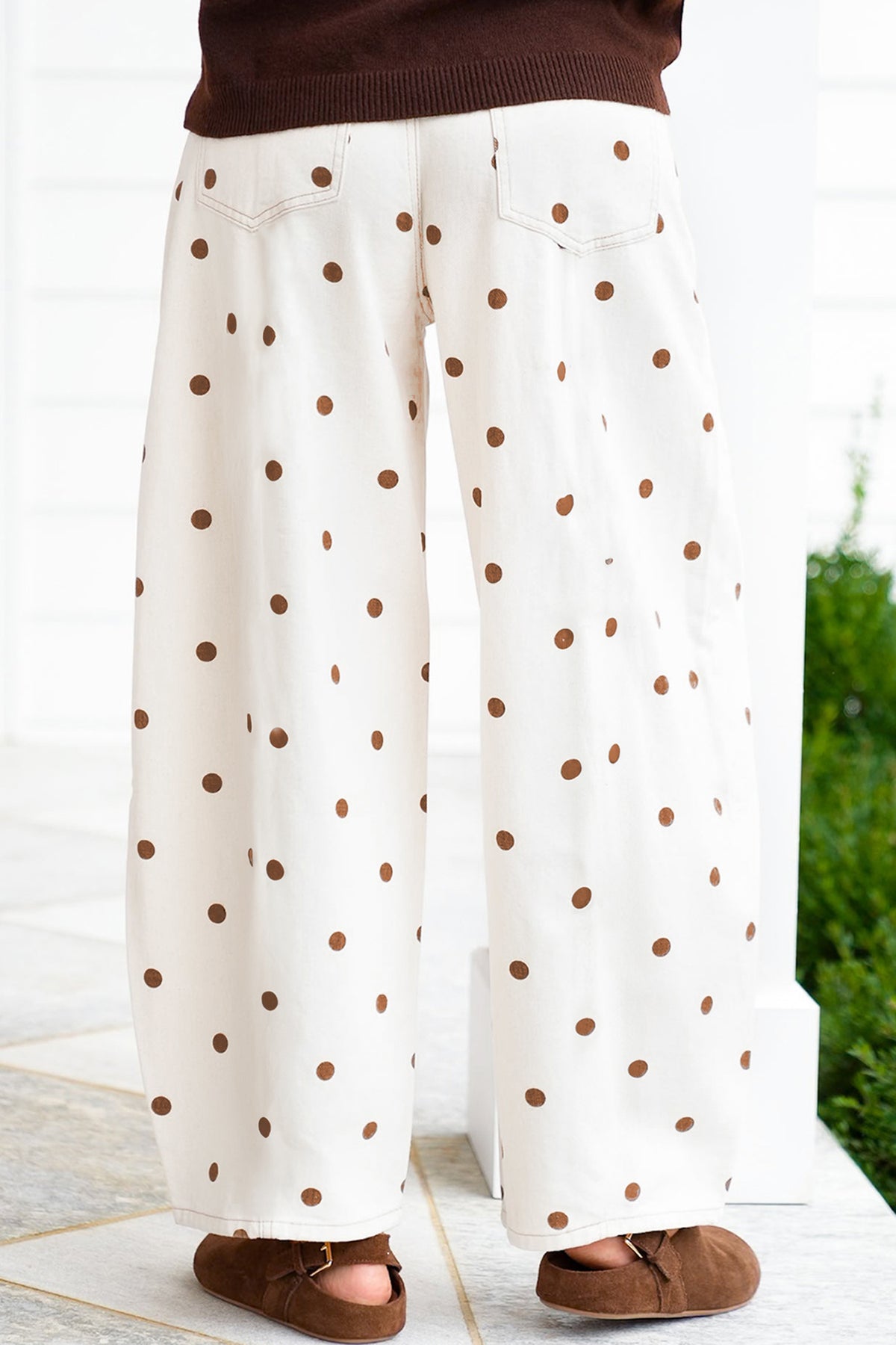 Beige Polka Dot Print Barrel Jeans