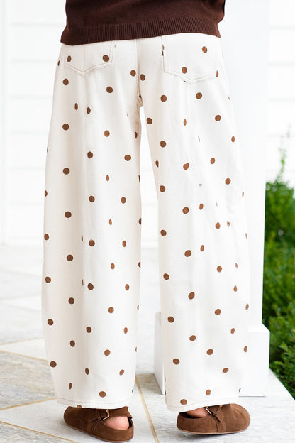 Beige Polka Dot Print Barrel Jeans