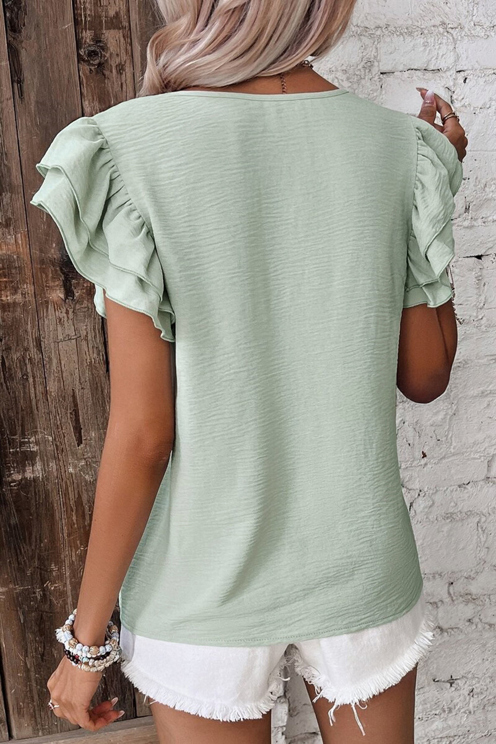 Solid Color Ruffled Short Sleeve Casual Blouse (Other Colors)