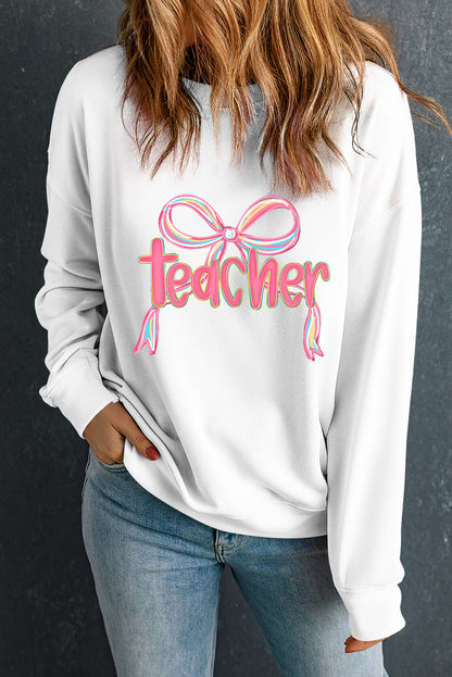 White Teacher Bow PNG Graphic Pullover Sweatshirt (Extended Sizes)