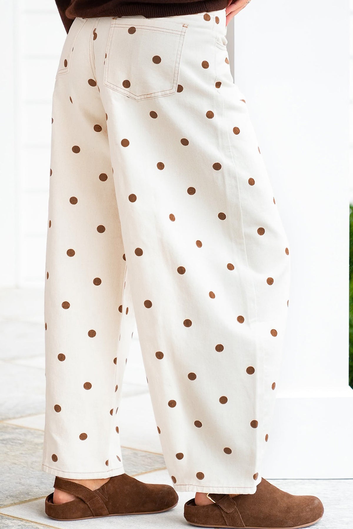 Beige Polka Dot Print Barrel Jeans