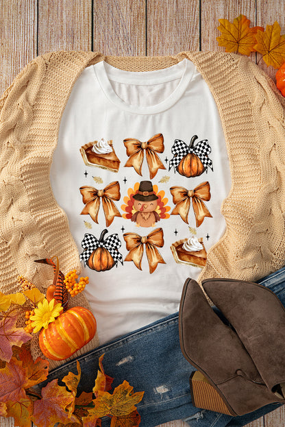 White Cute Bowknot Tanksgiving Graphic Crewneck T Shirt (Extended Sizes)