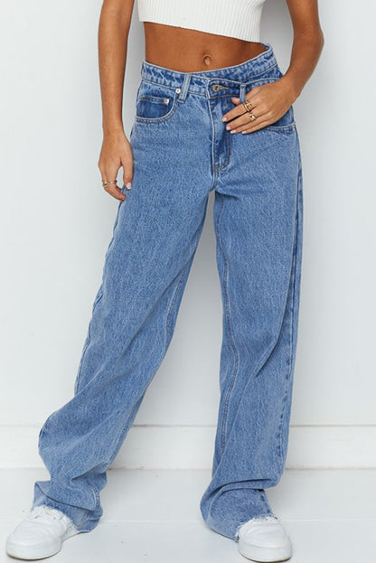 Blue Mid Rise Asymmetrical Waist Wide Leg Jeans (Extended Sizes)
