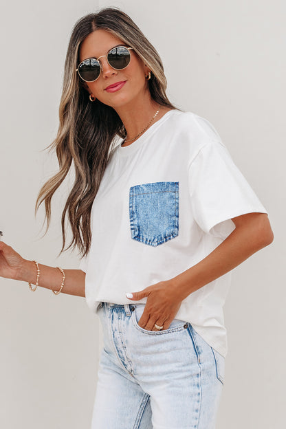 Color Block Chest Pocket Patched Casual Short Sleeve Top (Other Color)