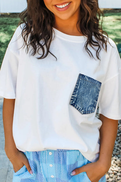 Color Block Chest Pocket Patched Casual Short Sleeve Top (Other Color)