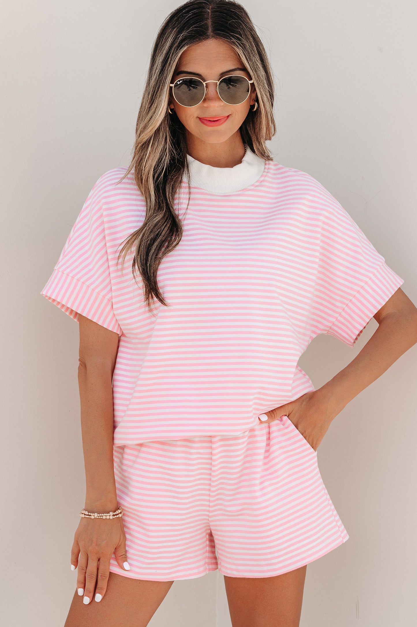 Stripe Cuffed Sleeve Contrast Mock Neck Tee Casual 2pcs Short Set (Other Colors)