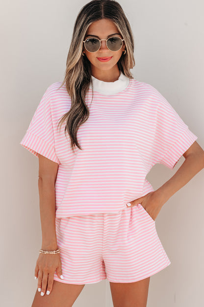 Stripe Cuffed Sleeve Contrast Mock Neck Tee Casual 2pcs Short Set (Other Colors)
