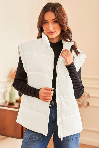 Beige Zipper Stand Neck Oversized Puffer Vest (Extended Sizes)