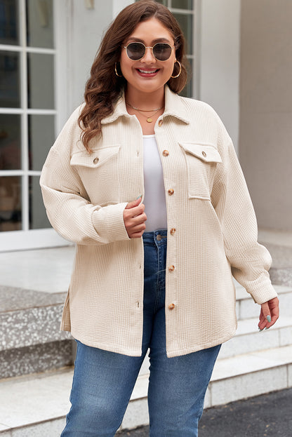 Oatmeal Textured Flap Pockets Buttoned Shacket