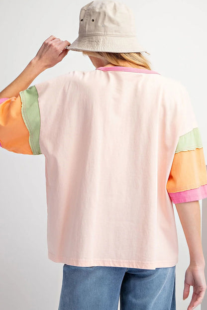 Pink Rugby Chenille Embroidered Color Block Half Sleeve T Shirt (Extended Sizes)