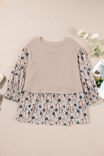 Beige Faux Two Piece Knit Patchwork Floral Print Top