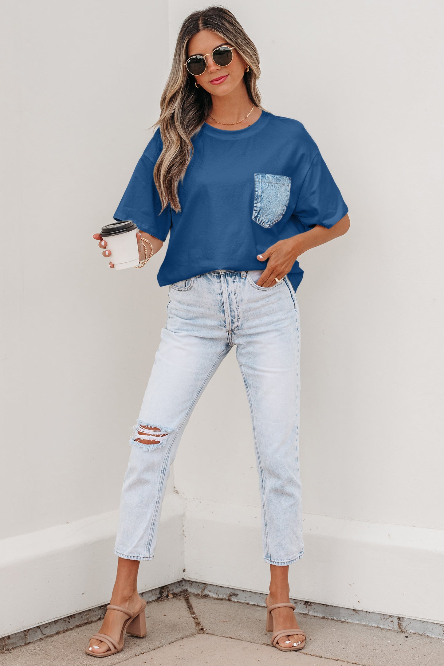 Color Block Chest Pocket Patched Casual Short Sleeve Top (Other Color)