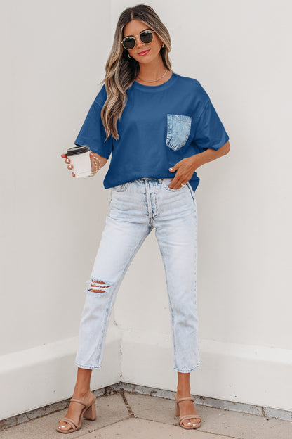Color Block Chest Pocket Patched Casual Short Sleeve Top (Other Color)