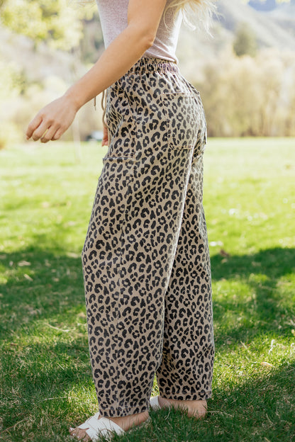 Khaki Leopard Print Drawstring Elastic Waist Loose Denim Pants