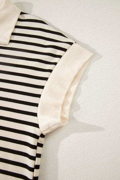 Black Stripe Ribbed Color Block Trim Zip Polo Tee Drawstring Shorts 2pcs Outfit