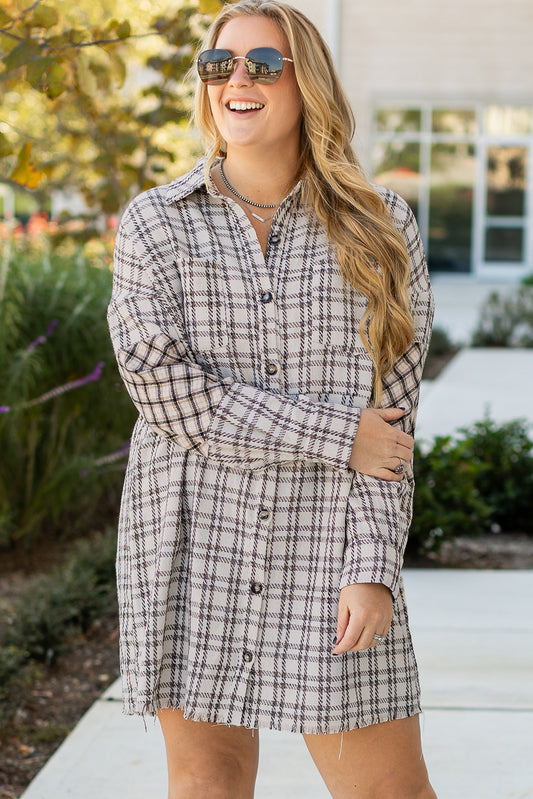 White Stripe Plaid Buttoned Raw Hem Tunic Shirt Dress