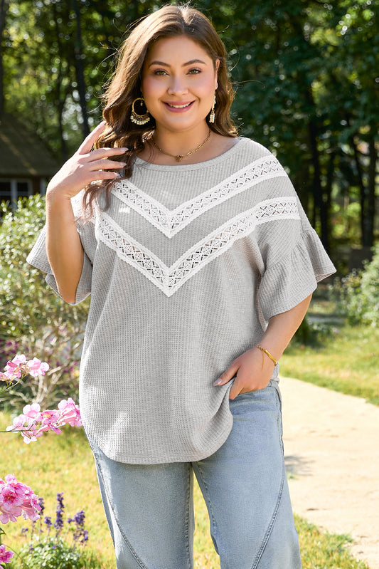 Light Grey Lace Insert Waffle Ruffle Short Sleeve Top