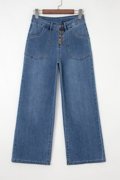 Ashleigh Blue Multi Buttons High Waist Wide Leg Jeans With Pockets (Extended Sizes)
