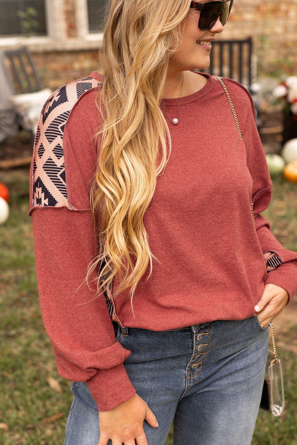 Redwood Burl Aztec Patchwork Drop Shoulder High Low Sweatshirt
